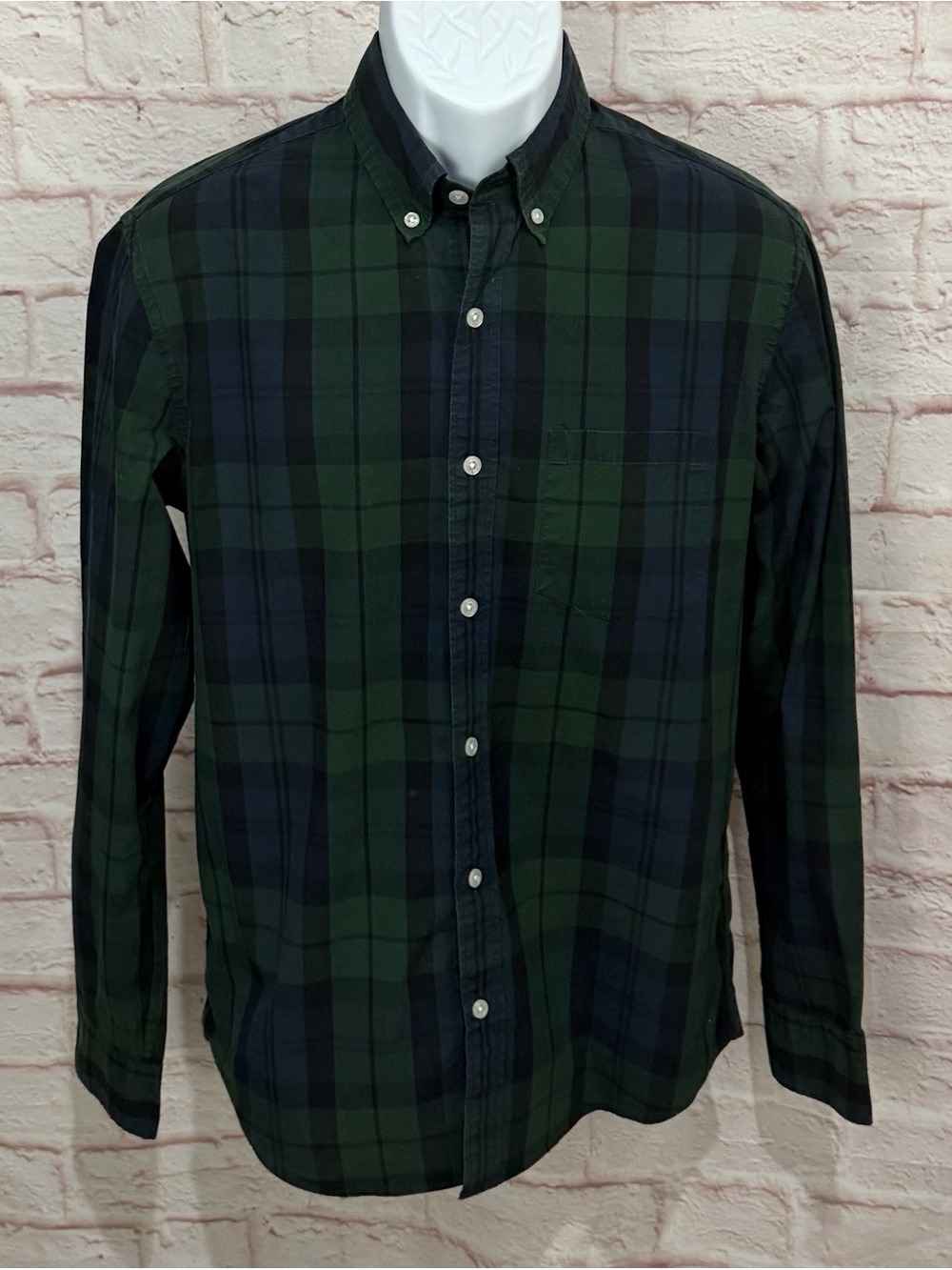 J.Crew Flex Washed Shirt Mens M Slim Fit Black Watch Plaid Green Navy